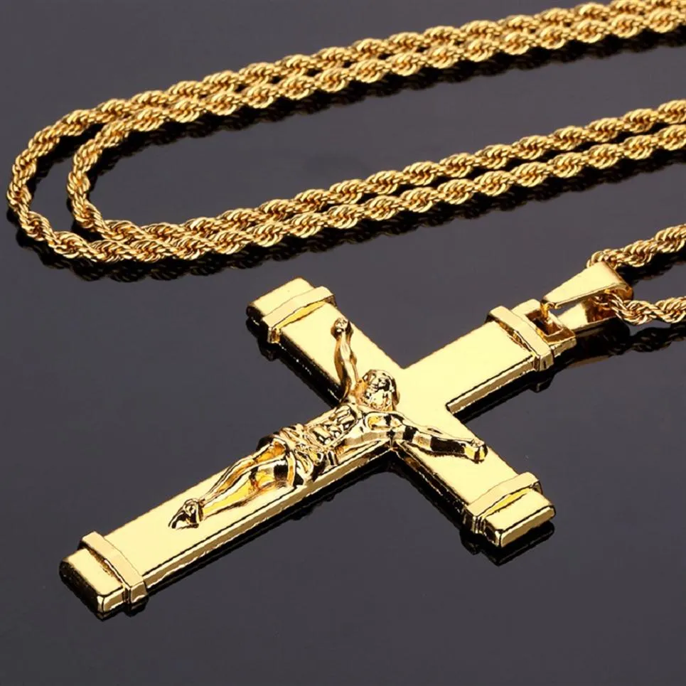 Mens Hip Hop Fashion Jesus Cross Pendant Necklaces 18k Gold Plated Design 75cm Long Chain Filling Pieces Men Jewelry262q