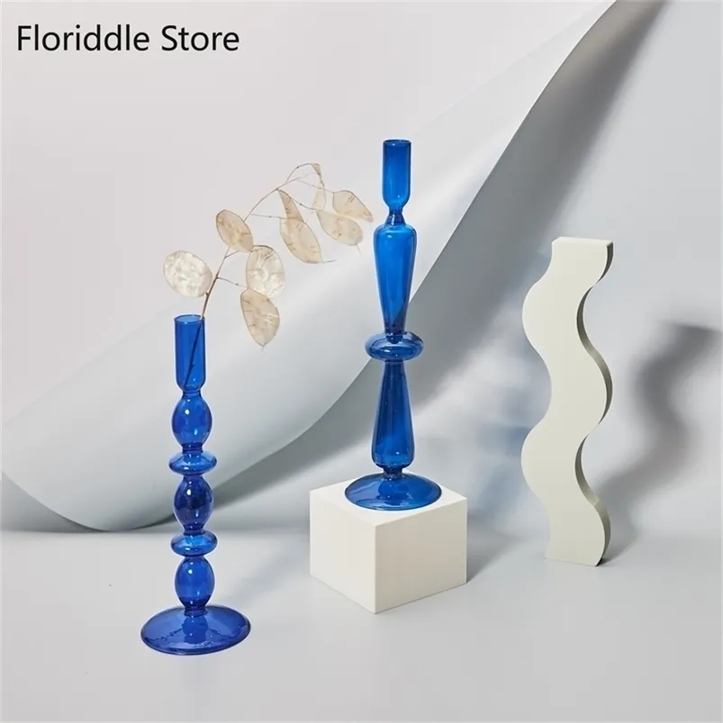 Titulares de vela Blue Glass Stick Sticks para casamento de aniversário Holida de férias Decoração Morden decorativa 221108