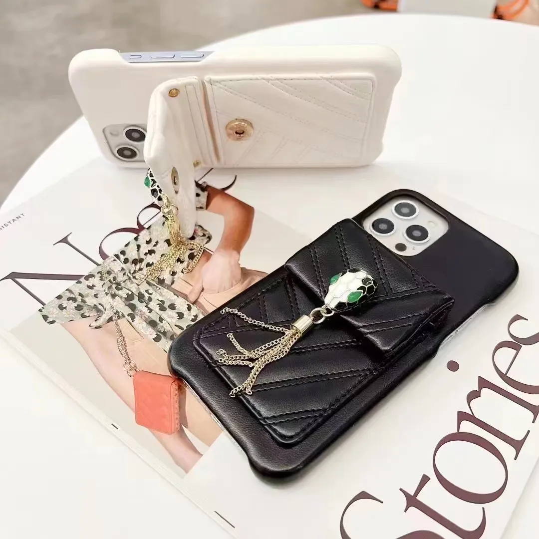 جميلة في هاتف iPhone Phone Case 15 14 13 Pro Max Designer Snake Leather Crossbody Card Wallet Hi Quality Pres