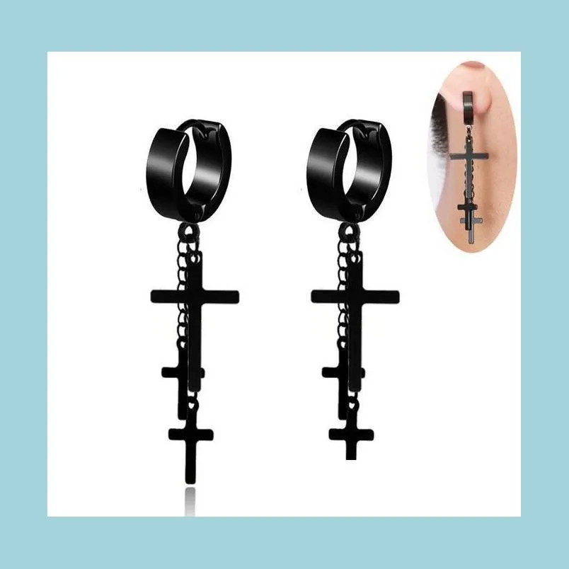 Dangle Chandelier 316L Stainless Steel Hypoallergenic Stud Dangle Earrings For Mens Punk Rock Black Sier Cross Chain Tassel Earrin Dh759