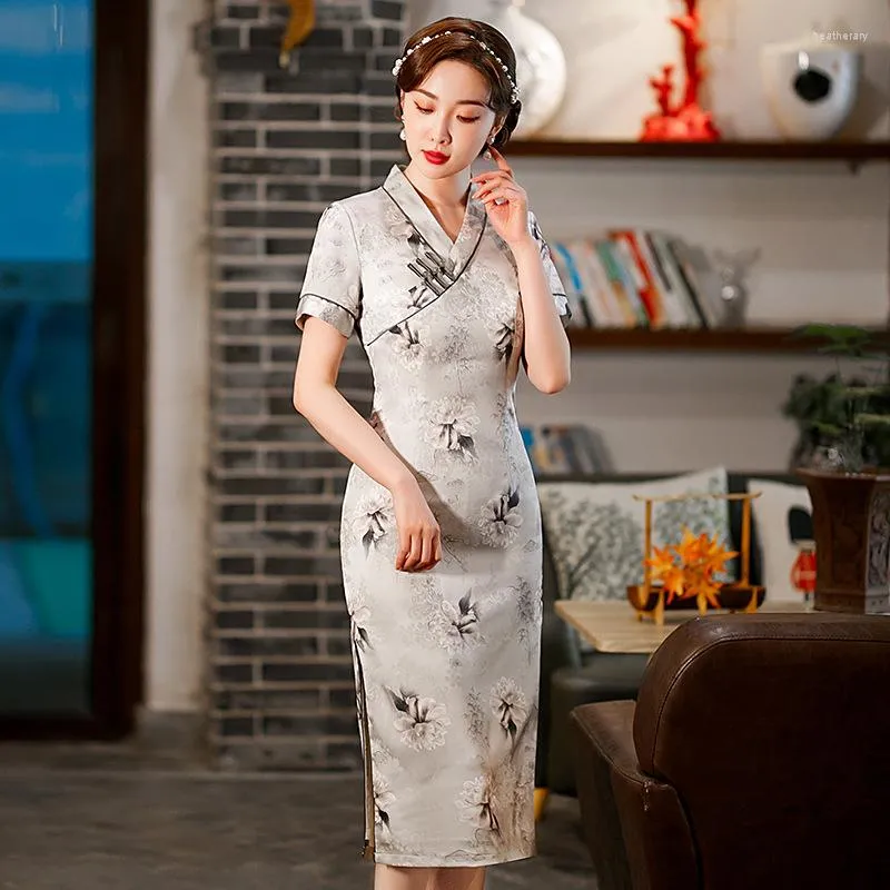 Abbigliamento etnico Nobile Elegante stile cinese Stampa Manica corta Donna Cheongsam Classico Orientale Donna Festa serale Qipao Abito da giorno sottile