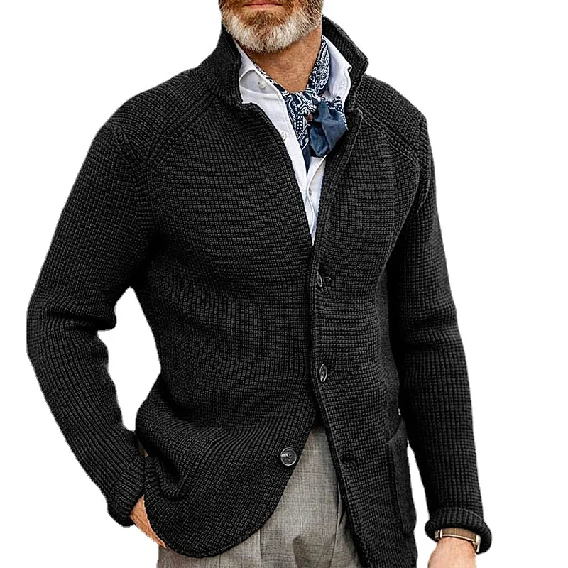 Men kraagstandaard vestkast sweaters slanke pak passen kabel gebreide knoop omhoog trui jas met zakken herfst winter