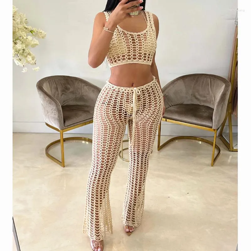 Women's Two Piece Pants Women Bathing Beach Outfits Solid Fishnet Crochet Knit See Through 2pcs Ladies Vest And Drawstring Set Summer