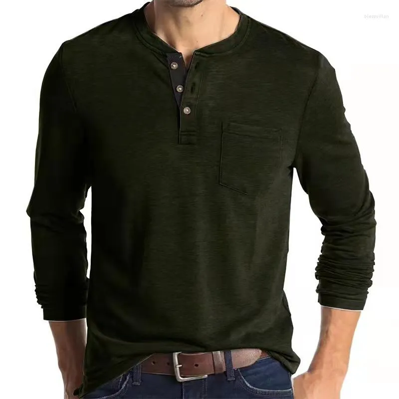T-shirts pour hommes printemps automne T-shirts à manches longues mode Slim bas col montant demi Cardigan poche chemise homme vêtements