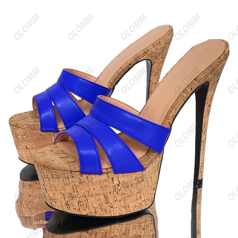 Olomm 2023Handmade Women Platform Mules Sandals Ultra High Heel Round Toe Pretty Fuchsia Pink Party Shoes Ladies US Plus Size 5-20