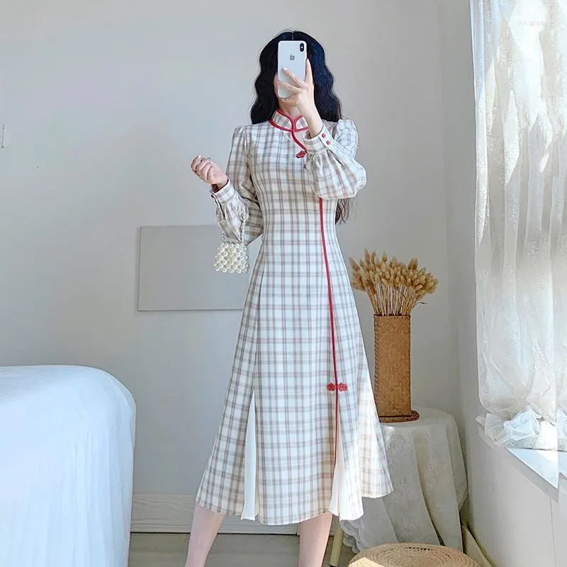 Etnisk kläder kinesisk stil rutig qipao kvinnor hanfu klänning långärmad cheongsam höst vintage vestido chino oriental elegant mt838