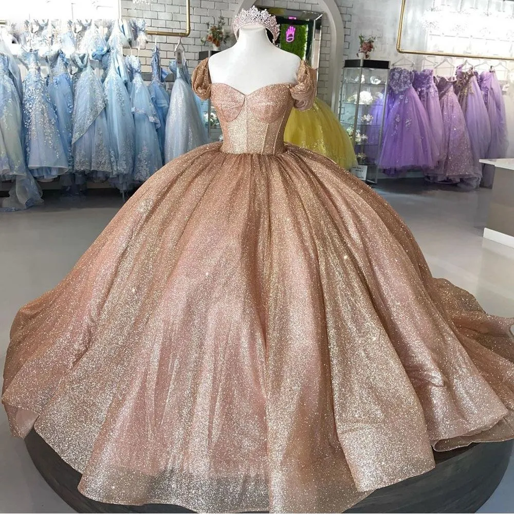 Rose Gold Sequins Quinceanera Dresses Short Sleeves Sweetheart Neckline Ruffles Sweet 16 Birthday Party Prom Ball Gown Formal Evening Wear Vestidos 403 403