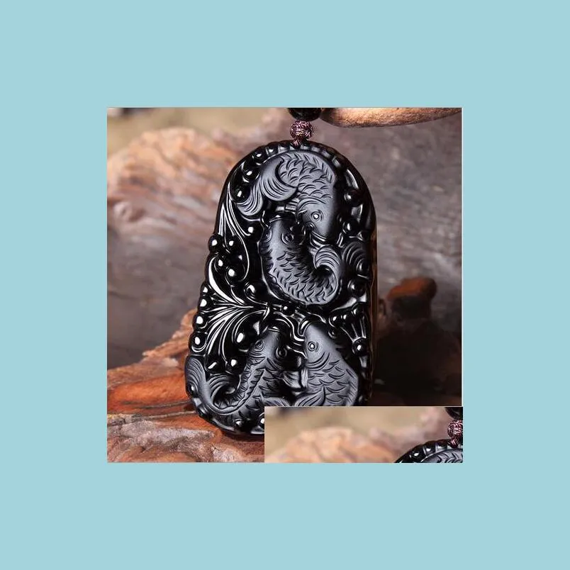 Pendentifs En gros nouveau Wonderf travail manuel chinois naturel noir obsidienne sculpté poisson bonne réunion chanceux bénédiction pendentif collier Fas Dhdeo