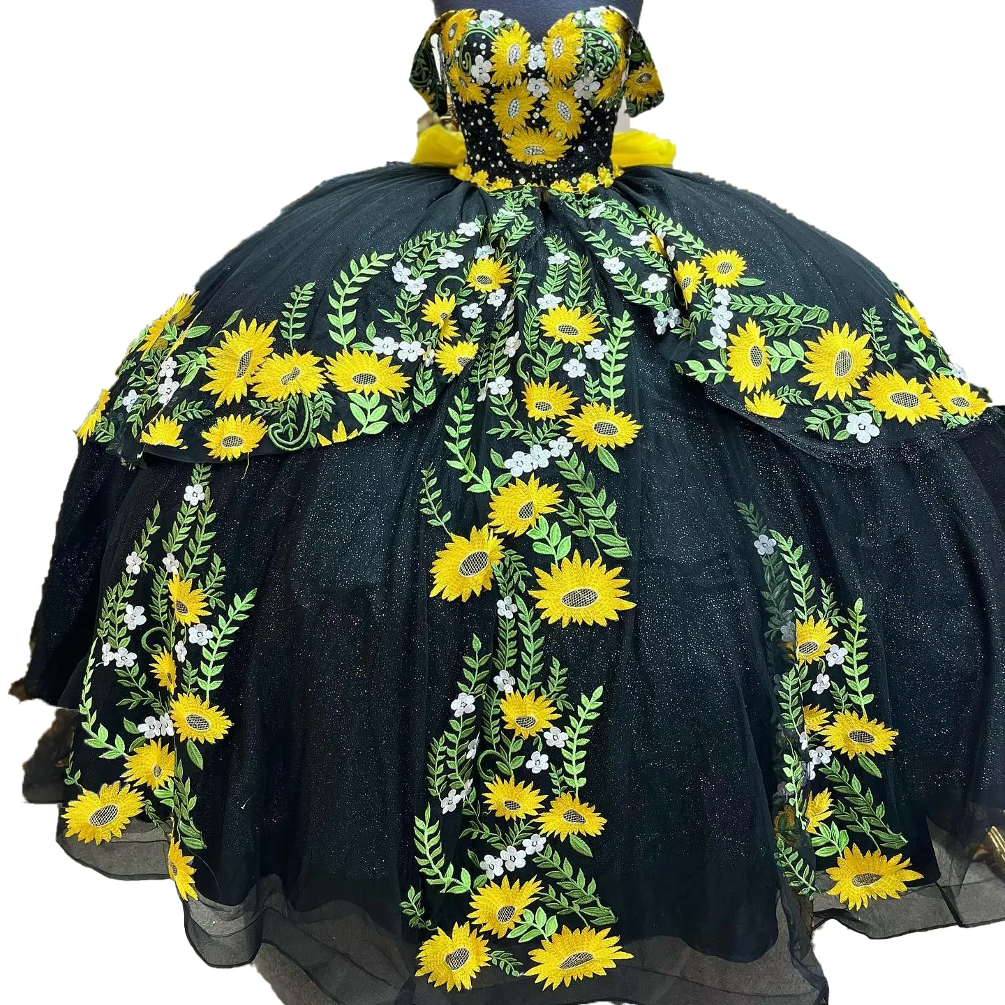 SUNFLOWER FLORLAL QUINCEANERA SURESY 2023 SUKA BATKU PLUS MASKERADA Księżniczka Dziewczyna Glitter Long Sweet 16 Prom na 15 lat pigwy na ramię 15 czarny/żółty