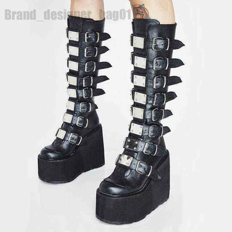 Laarzen Punk Stijl Merk Dames Motorlaarzen Zwart Mode Wedge Hoge Hak Schoenen Herfst Winter Gothic Demonias Platforms Vrouw Laarzen Y220817 110922H