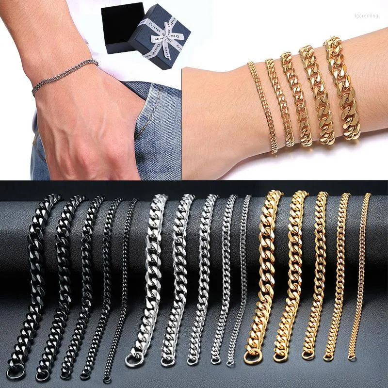 Bracelets de link Cadeia cubana de aço inoxidável para mulheres UNissex Wrist Jewelry Gifts com delicada caixa de presente