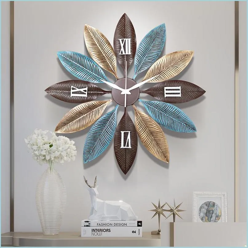 Wall Clocks American Wrought Iron Decorative Clock Wall Hanging Crafts Leaf Decoration Pendant Home Livingroom Mural Ornaments Art D Dhpvi