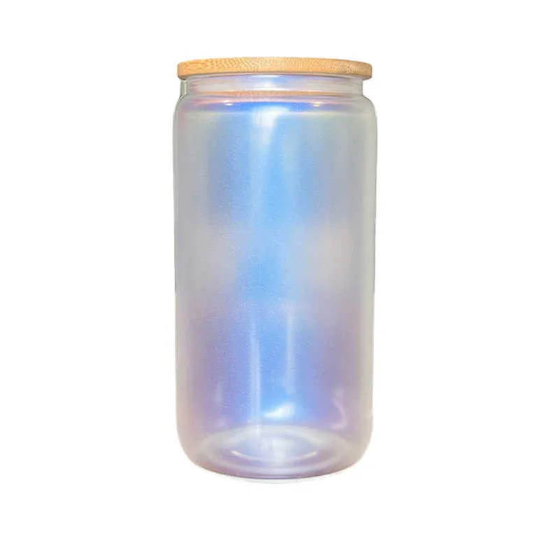 sublimering 12oz 16oz iriserande färgglas mugg tumlar glas kan skimrande glas med bambu lock återanvändbart halm holografisk öljuice