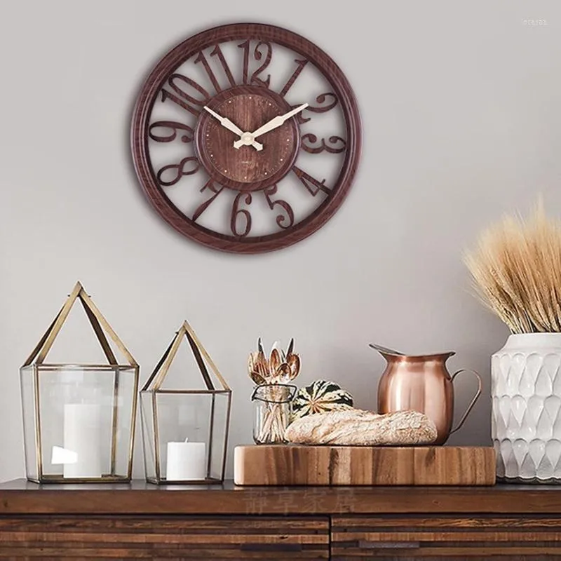 Wall Clocks European Style Hollow-out Wooden Clock 3D Big Digits Round Shaped Art For Kitchen Home Office Decoration