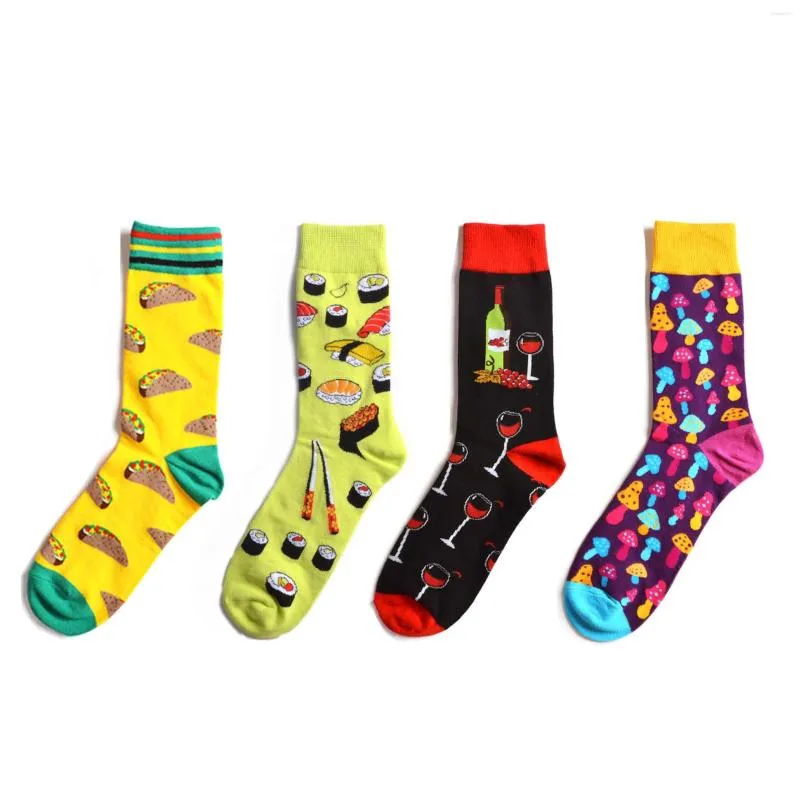 Chaussettes homme dessin animé Pizza vin Harajuku japonais Hip Hop jaune drôle hommes créatif belle Sokken Calcetines Mujer