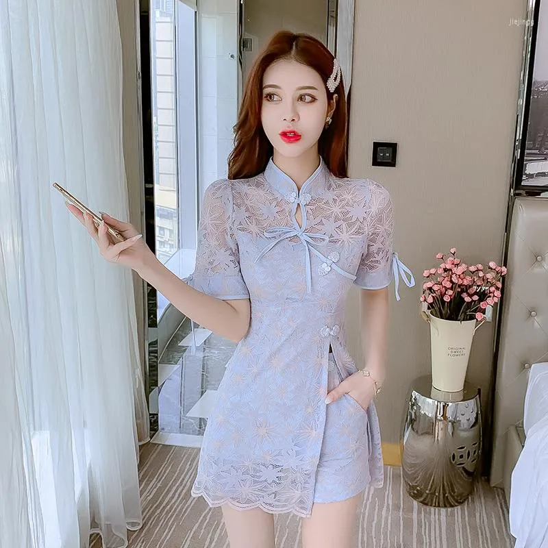 Work Dresses 2022 Summer Design Lace Bowknot Cheongsam Split Dress Shorts Two-piece Set Women Retro Outfits Female Blue