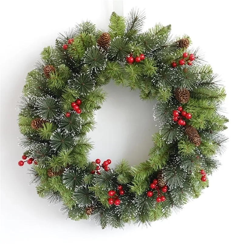 Decorative Flowers Wreaths Artificial Christmas Wreath for Front Door Garlands with Pine Cones Red Berry Frosted Branches Indoor Decoration 2023 221109