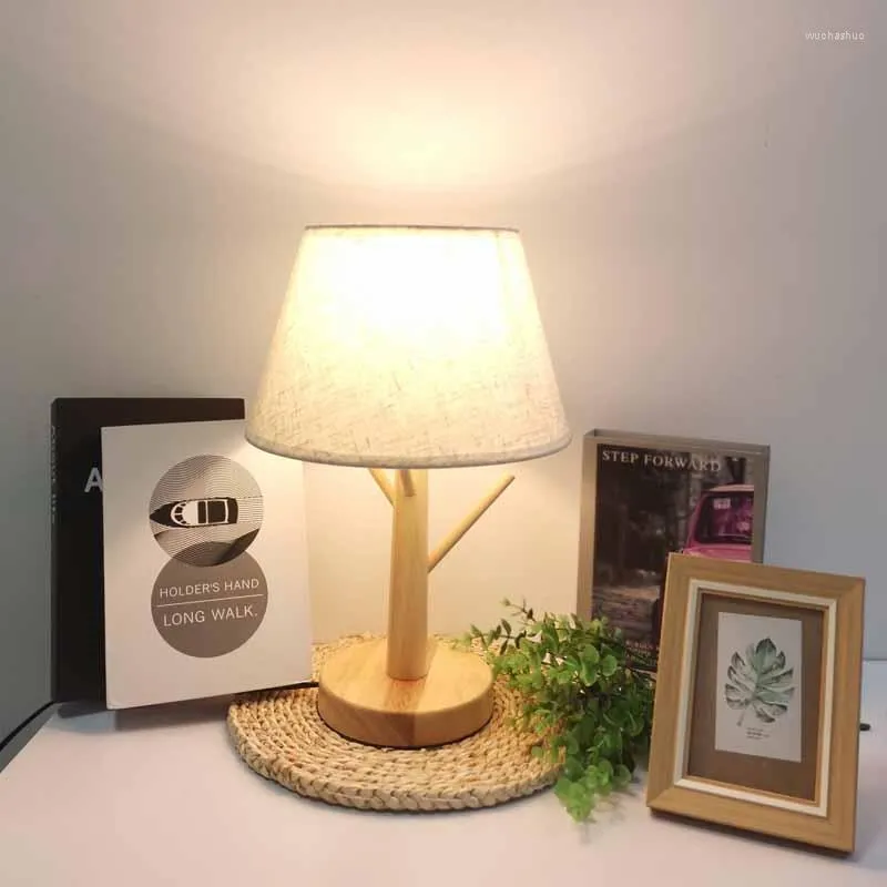 Lampes de table Lampe en bois Abat-jour en tissu Bureau de chevet en bois Livre moderne E27 Luminaire de lecture
