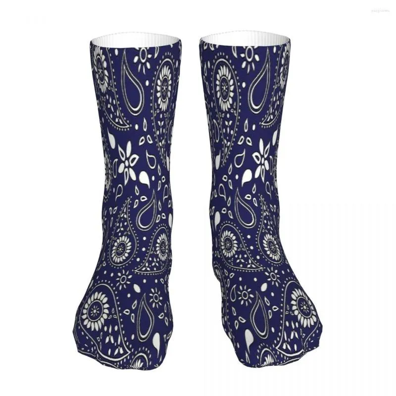 Chaussettes pour hommes Beau motif floral bleu et blanc Paisley Bohême Hippie Chaussette Hommes Femmes Bas en polyester Design personnalisable