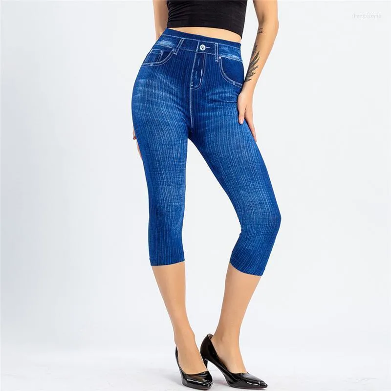 Women's Leggings Women's High Waist Pants Clothing For The Summer Imitation Denim Hips Thin Slimming Seven Cropped Trousers