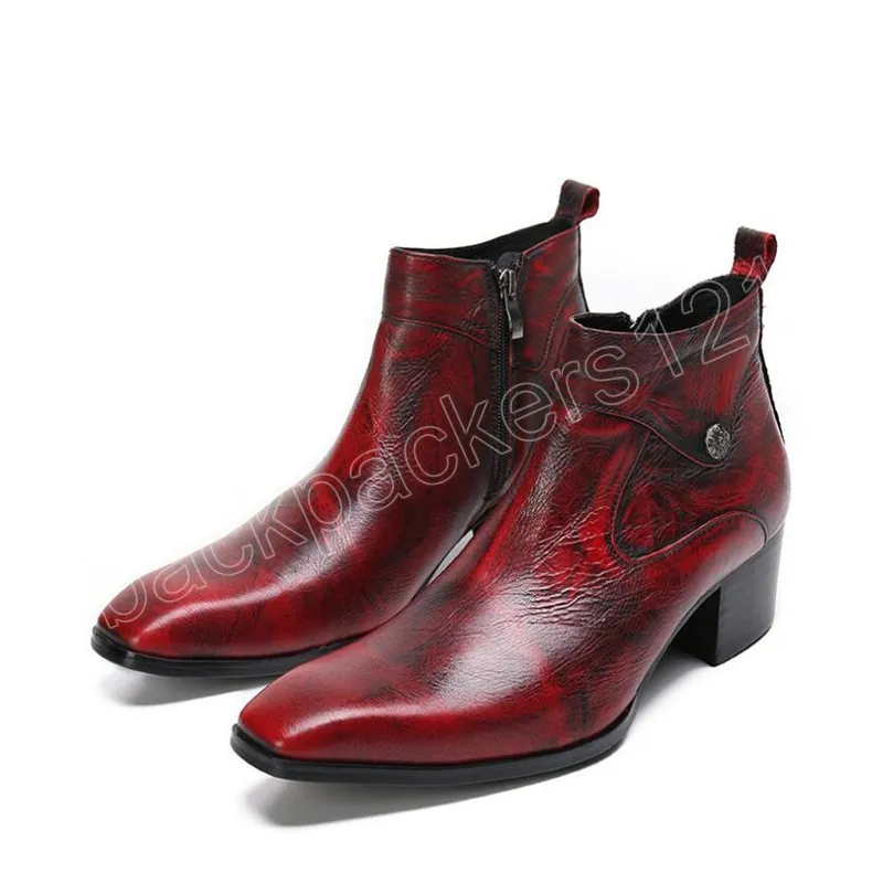 Luxe en cuir véritable hommes fête bottes rehausser moto bottines discothèque bal robe formelle chaussures hommes talons hauts grande taille