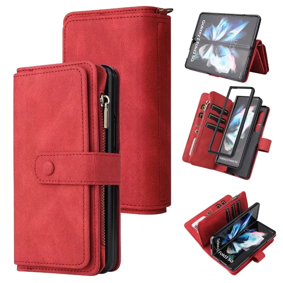 Plånbokstelefonfodral för Samsung Galaxy Z Fold 3 Multifunktion Solid Color Pu Leather Kickstand Cover Case med 15 kortplatser och blixtlåsmyntväska