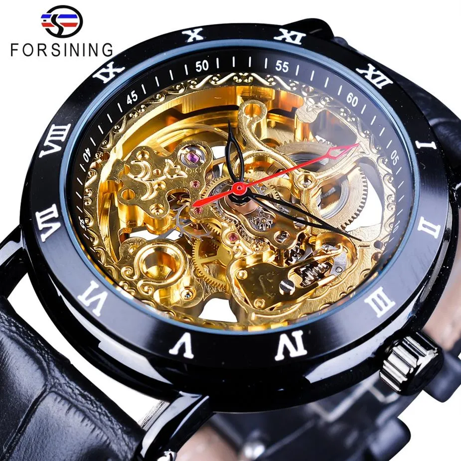 Forsining Retro-Blumen-Design, klassische schwarze goldene Uhr, echtes Lederband, wasserabweisend, mechanische Automatikuhr für Herren, Watc261s