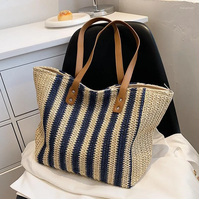 Abendtaschen Sommer Streifen Lässig Große Kapazität Tote Rattan Frauen Handtaschen Designer Gewebt Schulter Umhängetasche Luxus Große Strandtasche