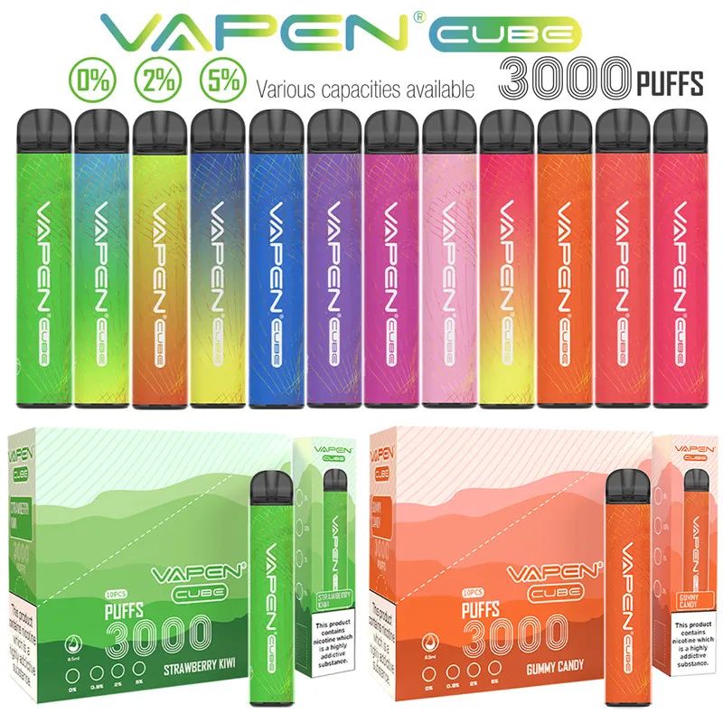 Original VAPEN CUBE 3000Puffs Disposable Vape Pen 0% 2% 5% Nic Device Electronic e cigarettes Kits 8ML Capacity 1000mAh Battery Vaporizer Multi Flavors VS PUFF FLEX EU