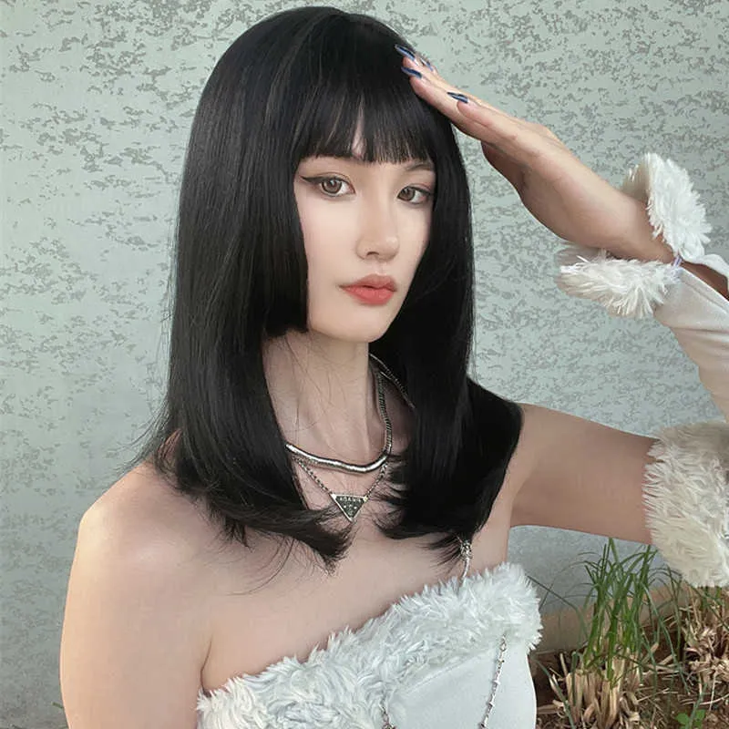 Hair Lace Wigs Princ Cut Women's Medium Long Air Bangs Clavicle Net Red Trim Face Ji Hair Chemical Fiber Wig Head Set