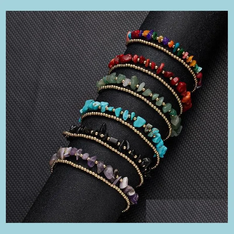 Anklets Natural Gravel Stone Anklet Doublelayer Retro Bell Hand Woven Beaded Foot Chain 6 Colors Drop Delivery Jewelry Dhcwx