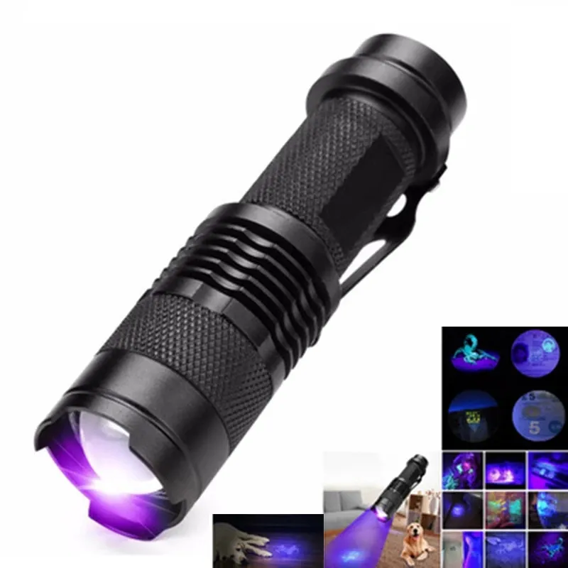 Latarka UV Mini LED Torcha 395 Nm Blacklight Fave Fiolet Fiolet Light Zoomable Pet Modlica Skorpion Kobiety Detektor higieny
