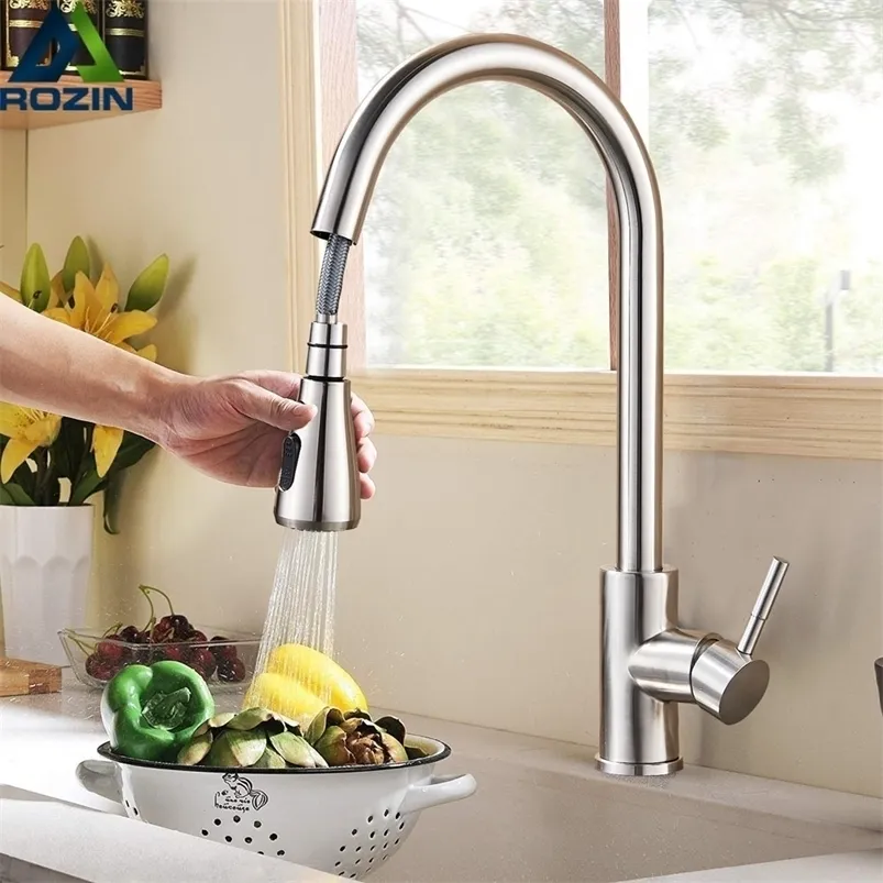 Kitchen Faucets Rozin Brushed Nickel Faucet Single Hole Pull Out Spout Sink Mixer Tap Stream Sprayer Head Chrome/Black 221109