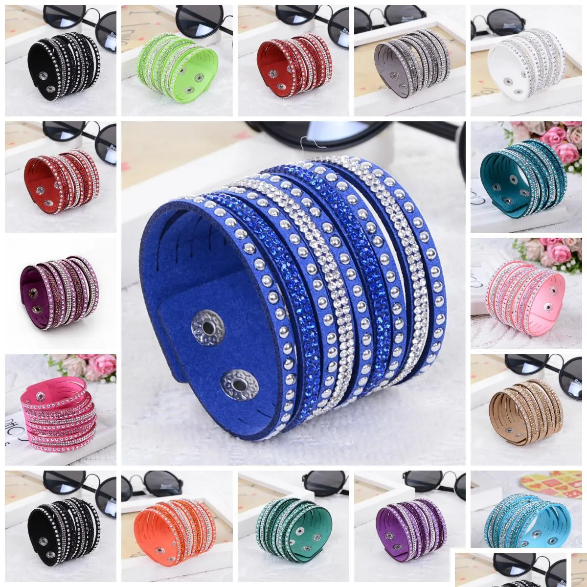 Bracelets porte-bonheur bracelet à breloques pour femmes brillant Mtilayer cuir strass cristal boutons blanc/noir/bleu goutte livraison bijoux Br Dhtmp