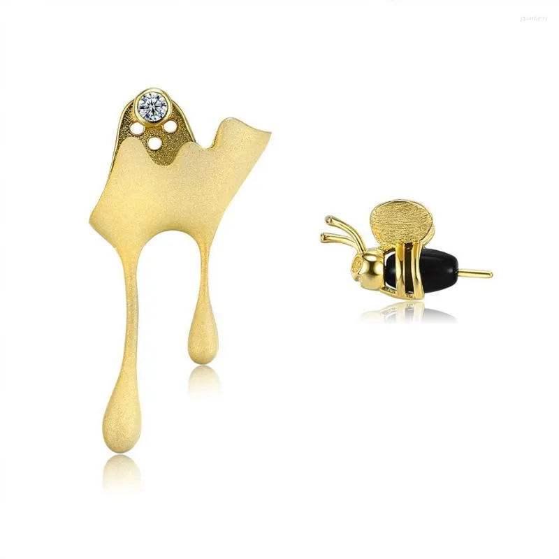 Ohrstecker aus S925-Sterlingsilber, handgefertigter feiner Schmuck, 18 Karat Gold, Biene und tropfender Honig, asymmetrisch, für Frauen, Geschenke