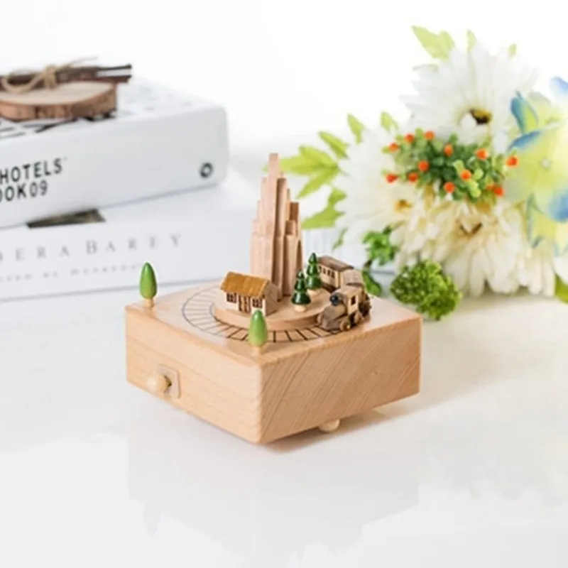 Decorative Objects Figurines Wooden Musical Box Featuring Mountain Tunnel With Small Moving Magnetic Train Plays L221108