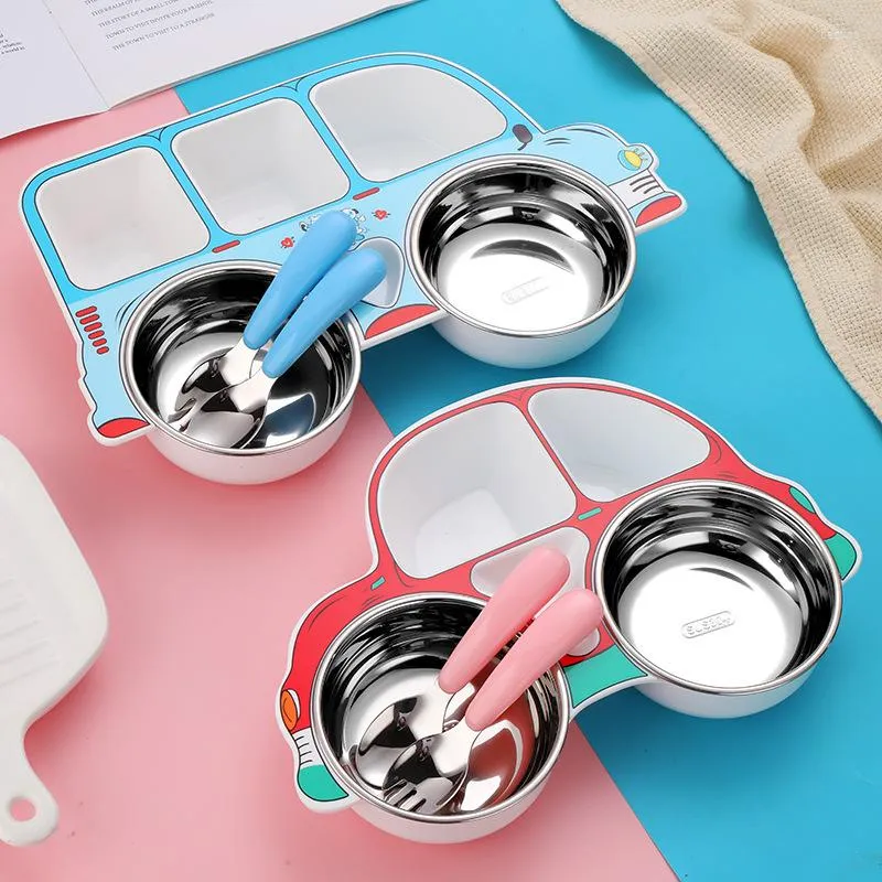 Flatware Sets Children's Car Dinner Plate Stainless Steel Spoon Fork Baby Compartment Supplement Removable Dishwash Tableware Set