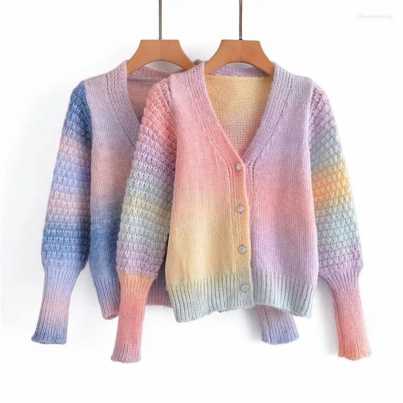 Women's Knits Button Down Cardigans Long Sleeve V Neck Tie-Dye Print Loose Sweaters 2022 Autumn Winter Casual Knitted Clothing