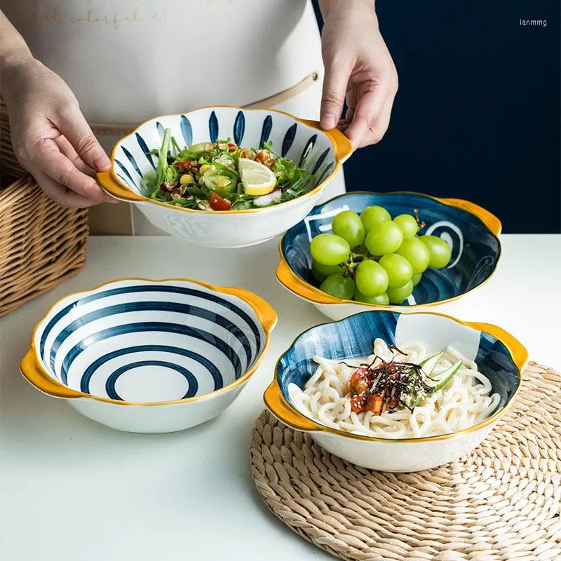 Kommen Japanse tabelgelei machine bedrukt onderglazuur kleur keramische plaat dubbele oor rond bakken diepe groente