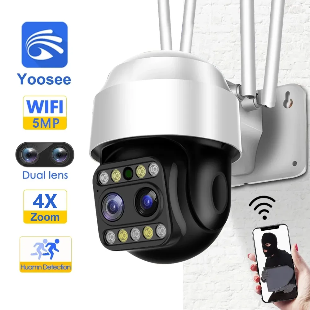 Câmeras de câmeras yoosee 5mp lente dupla segurança ao ar livre ptz wifi 4x zoom cctv 3mp Detecção humana sem fio h.265 Video Night Vision 221108