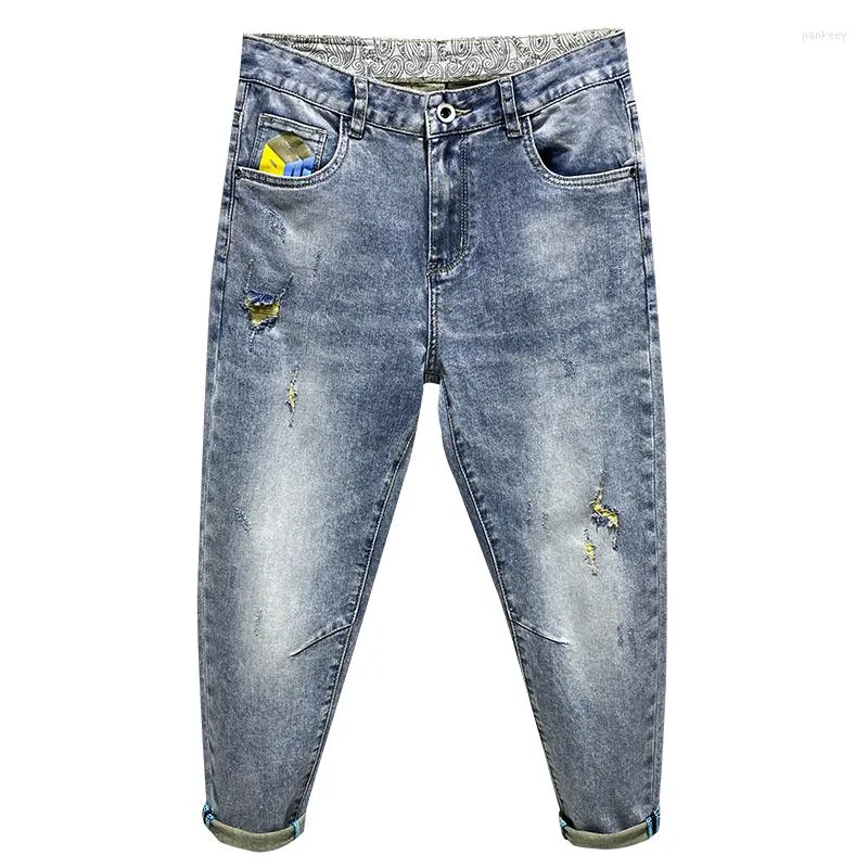 Mens mäns jeans rippade mäns beskurna byxor ljusblå elasticitet capris byxor fin sommar avslappnad avsmalnande ankel längd hombre