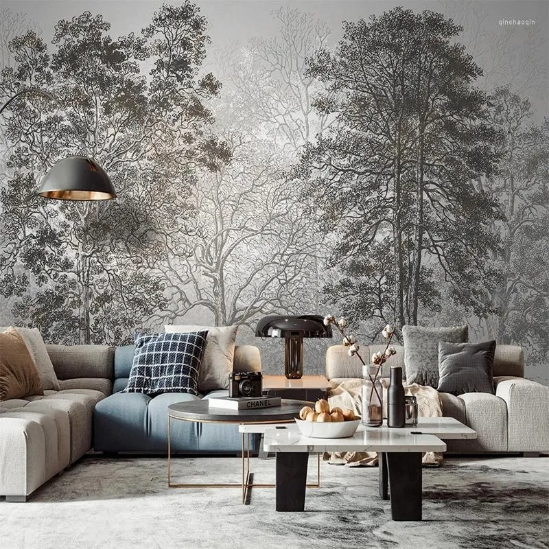 Wayfair Wallpapers Custom 3D Mural Retro Forest Black White Trees Wayfair Wallpaper Bedroom ...
