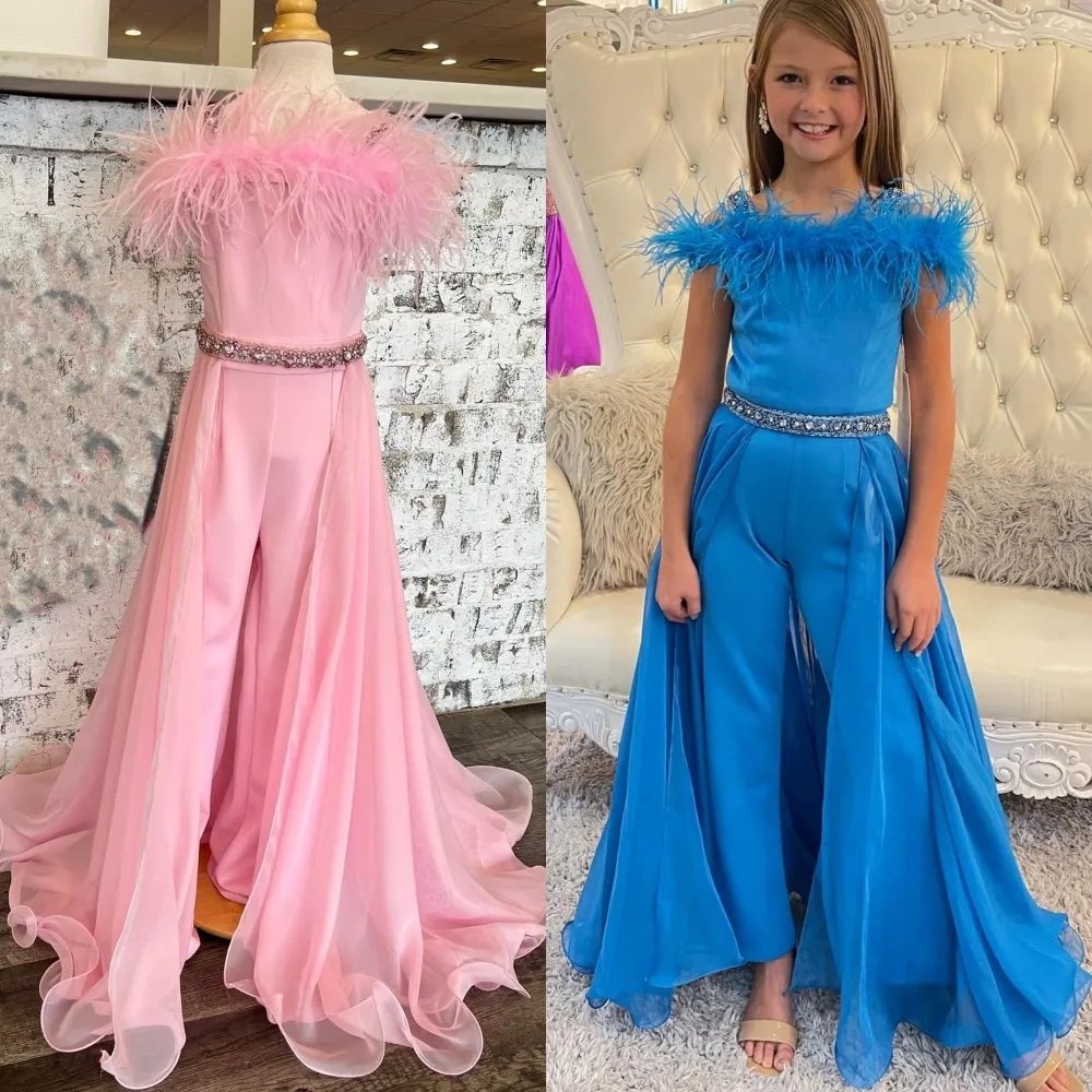 Pink Girl Pageant Dress Jumpsuit Romper 2023 Tulle Overlay Little Kids Birthday Cold-Shoulder Formal Party Gown Infant Toddler Teens Tiny Young Junior Miss Feathers