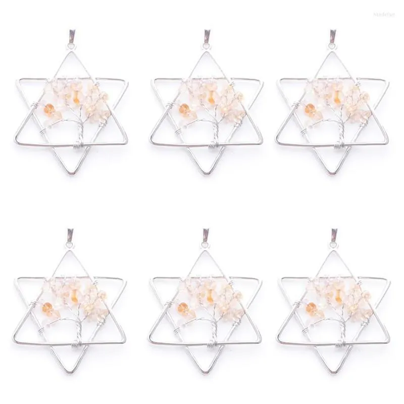 Hangende kettingen 6pcs/lot Natural Light Citrine Gem Stone Tree of Life Handgemaakte draadkleur gewikkeld sterrenhangers voor sieraden Markering In3809