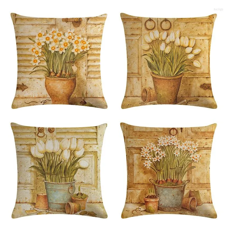 Pillow Personalized Flowerpot White Flowers Covers Chair Waist Cotton Linen Cover 45 45cm Home Decor