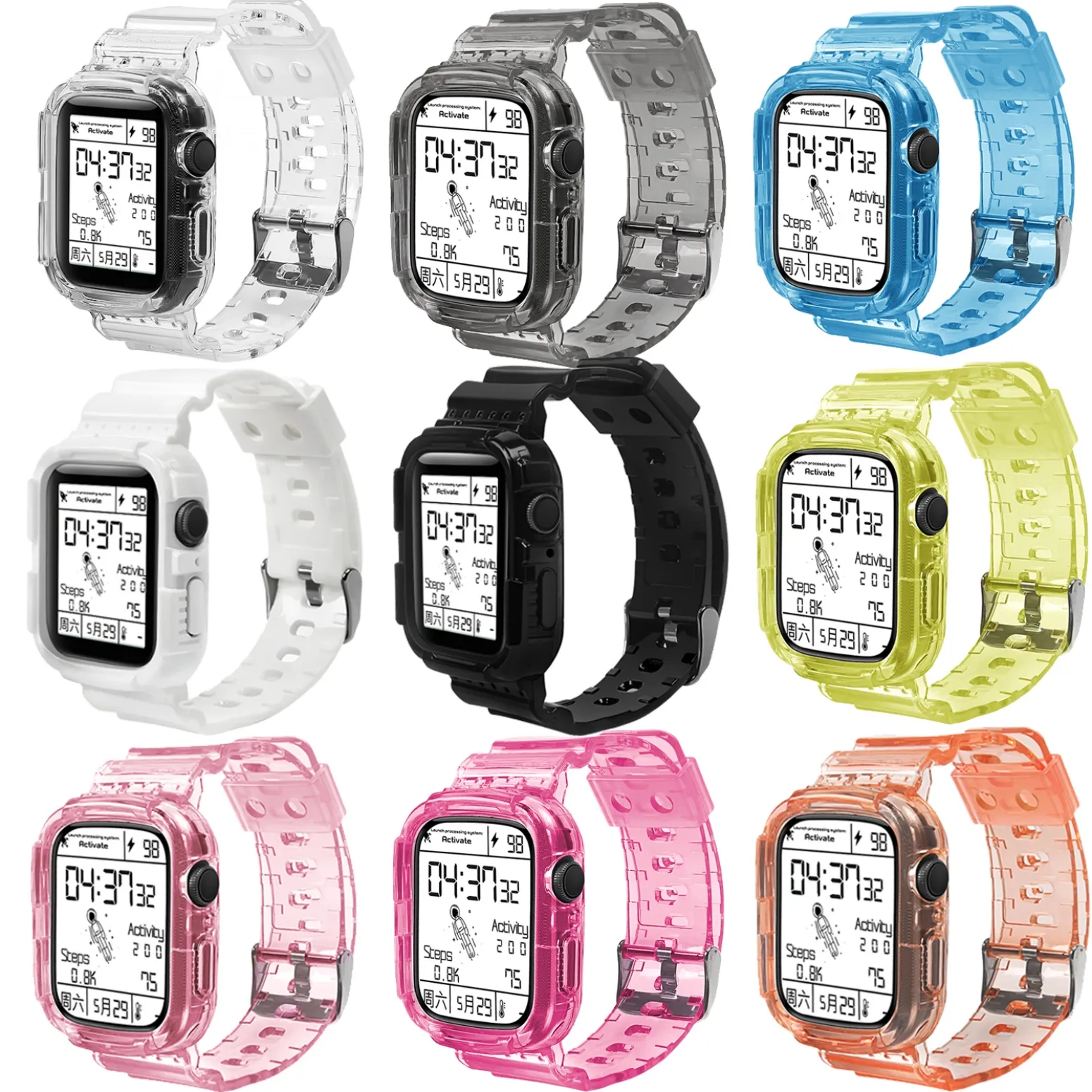 Sport Clear Band -remmar med fodral f￶r Apple Watch Series 7 8 Ultra 49mm 2 i 1 Transparent Armor Silicone Cover Strap Iwatch 5 6 SE 40mm 41mm 44mm 45mm