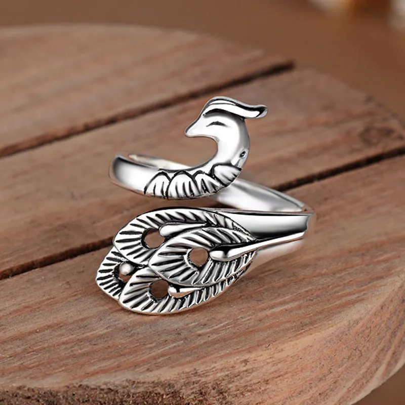 Vintage Black Silver Color Phoenix Bird Ring for Women Size Adjustable Stainless Steel Ring Boho Style Female Jewelry