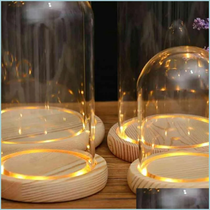 Vazen Clear Glass Display Dome met LED Wood Base Microlandscape Miniature Dollhouse Diy Holder Flower Preservation Vase 210409 Drop DH8Q9