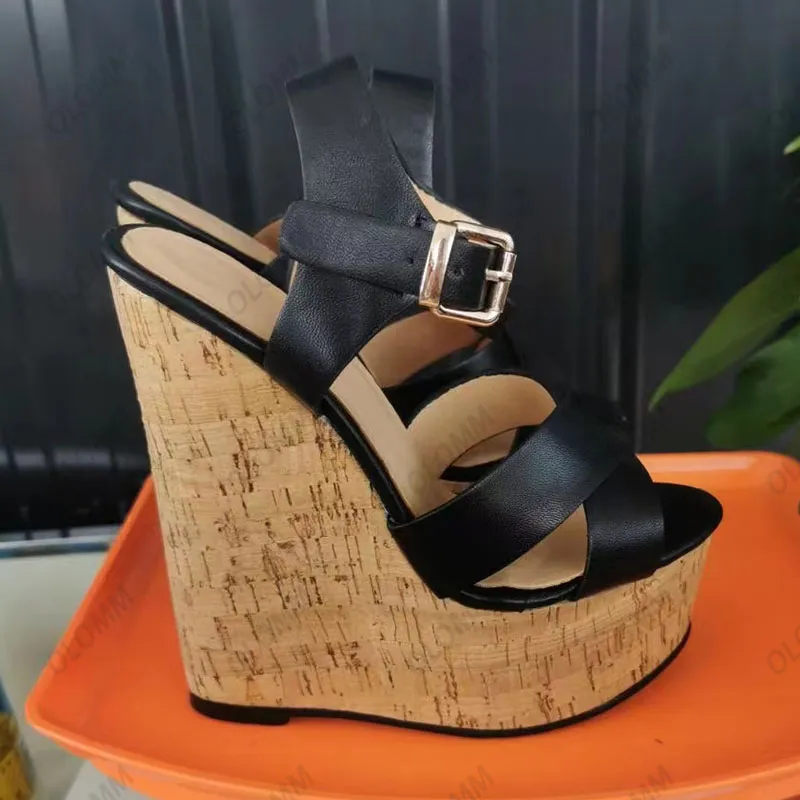 Olomm 2023Real Photos Women Summer Sandals Buckle Strap Wedges Heels Open Toe Elegant Black Casual Shoes US Plus Size 5-20