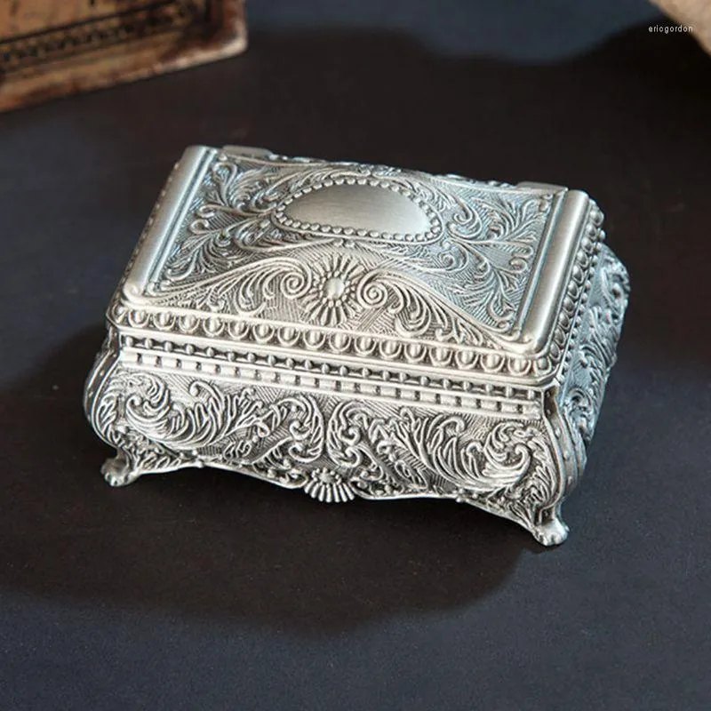Bolsas de joalheria Caixa de bugiganga vintage retângulo metálico Brinco floral Anel de brejão de zinco em aliança de zinco pequeno